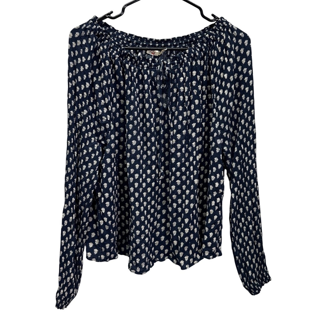 Faherty Emery Peasant Blouse Lotus Floral Navy Printed Long Sleeve Medium